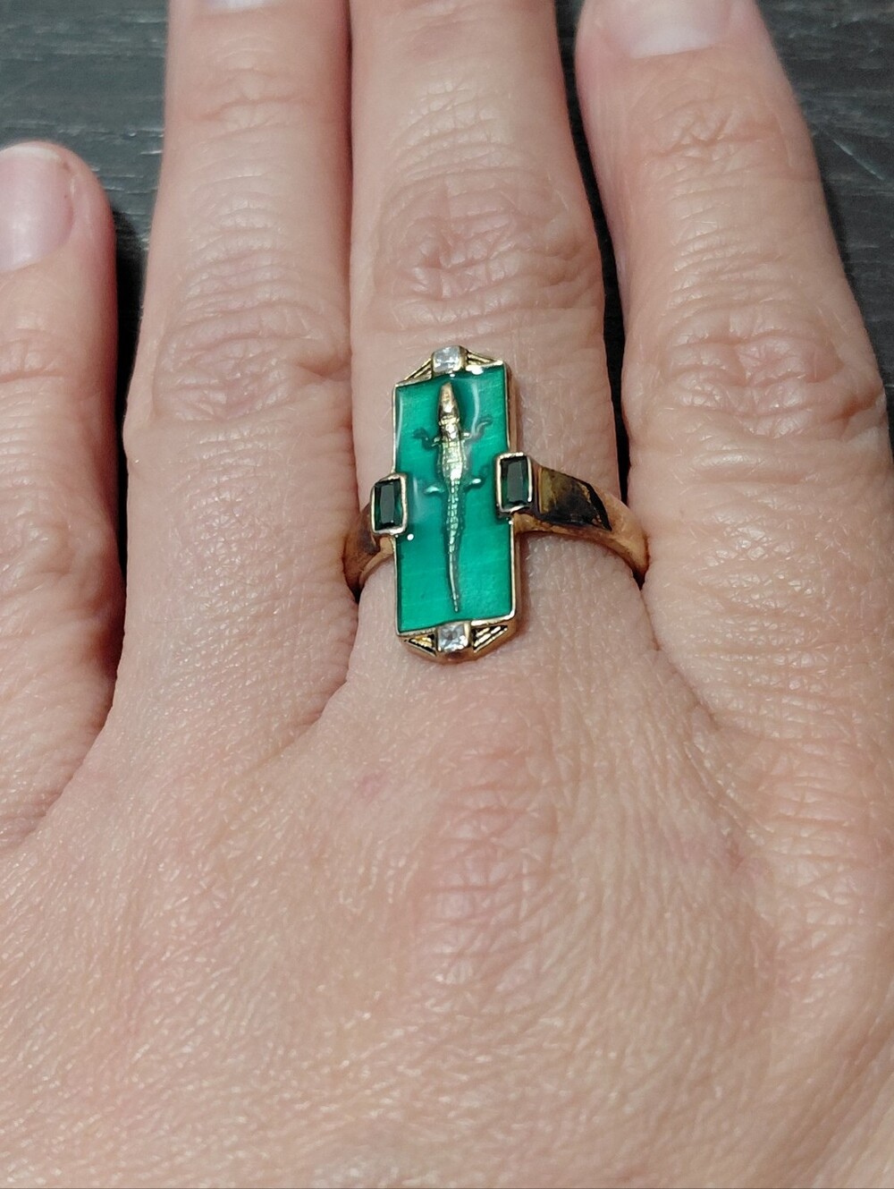 Gold Ring with Turquoise Green Inlay and Cross Accent - Picture 10 of 14